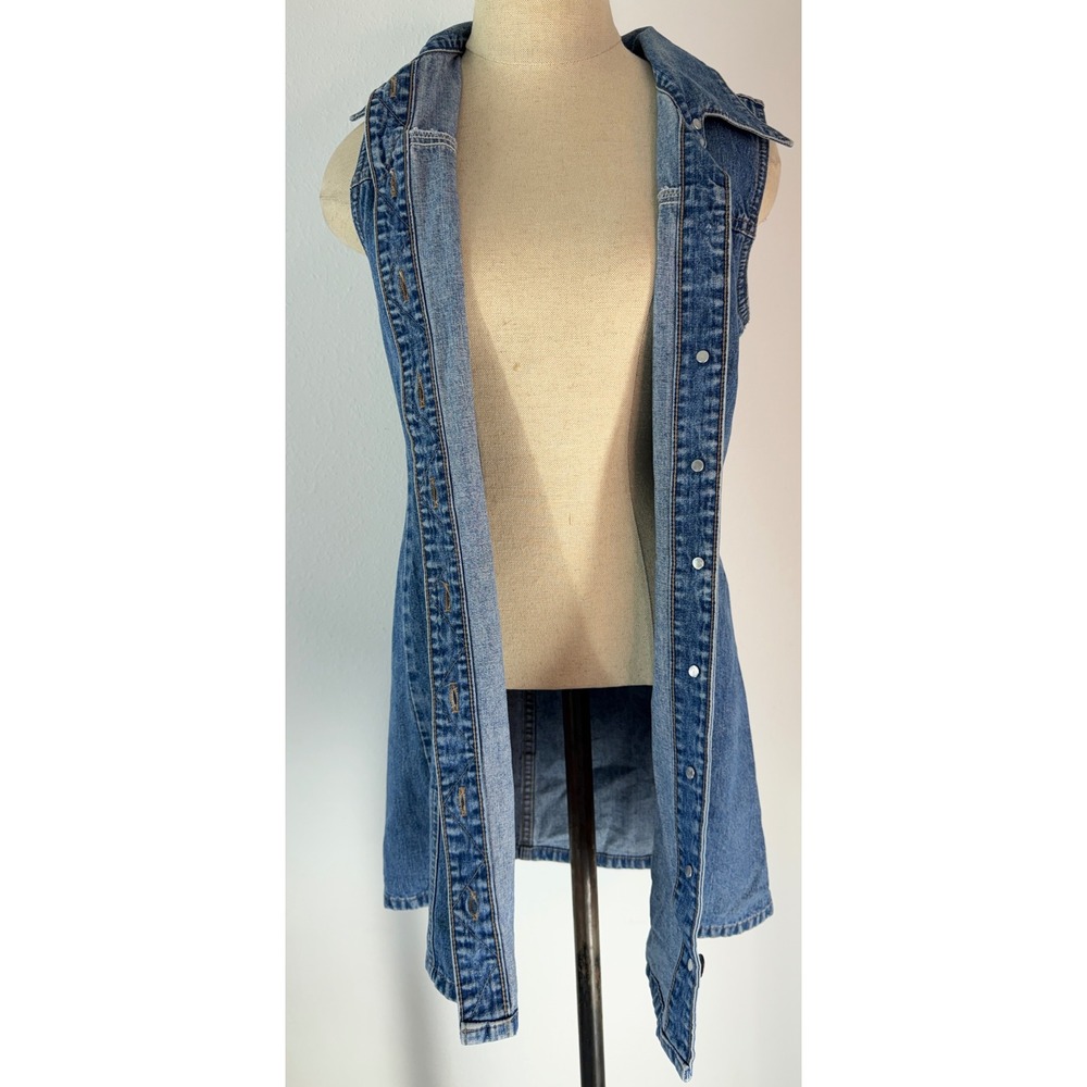 Vintage 90s Blue Denim Button Front Mini Dress Tunic Cardigan Cotton Cottage - Picture 9 of 9